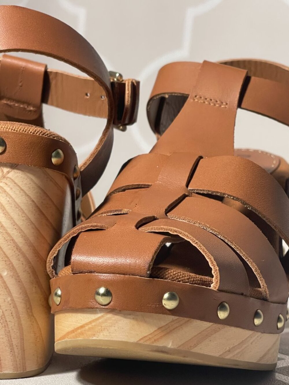 Boden Tan Leather Fisherman Clog Sandals – Studded Wooden Platform